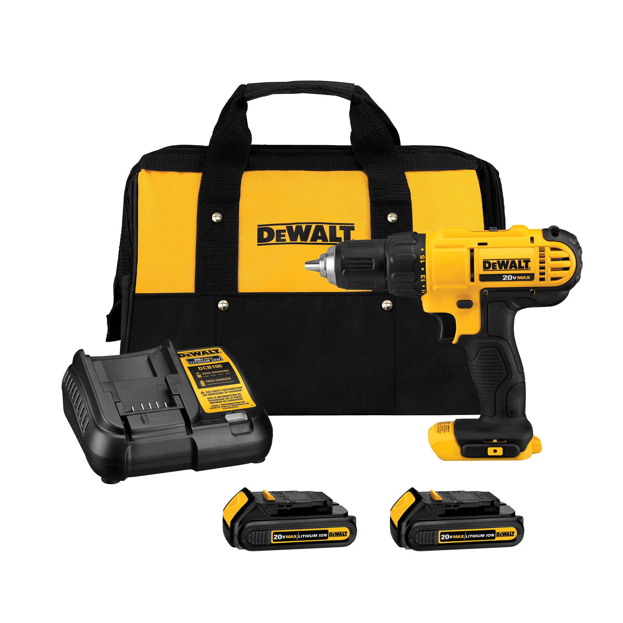 A DEWALT 20V MAX drill/driver showing the numbered clutch collar behind the chuck