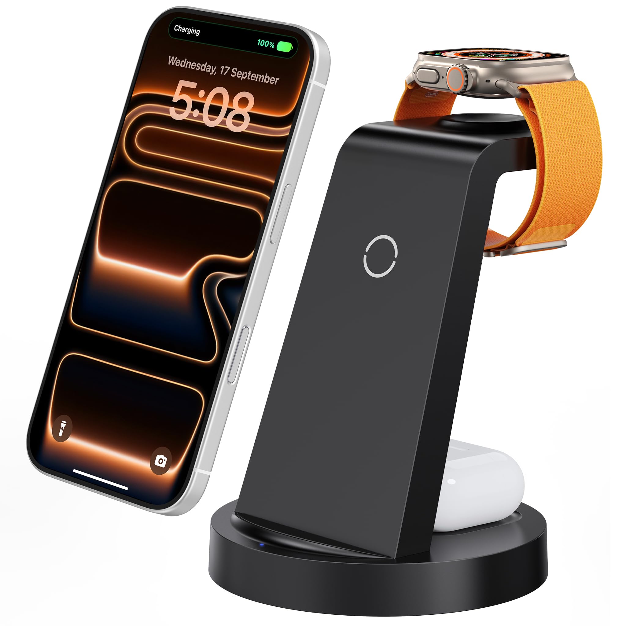 A folding 3-in-1 magnetic charging station charging an iPhone, Apple Watch, and AirPods together