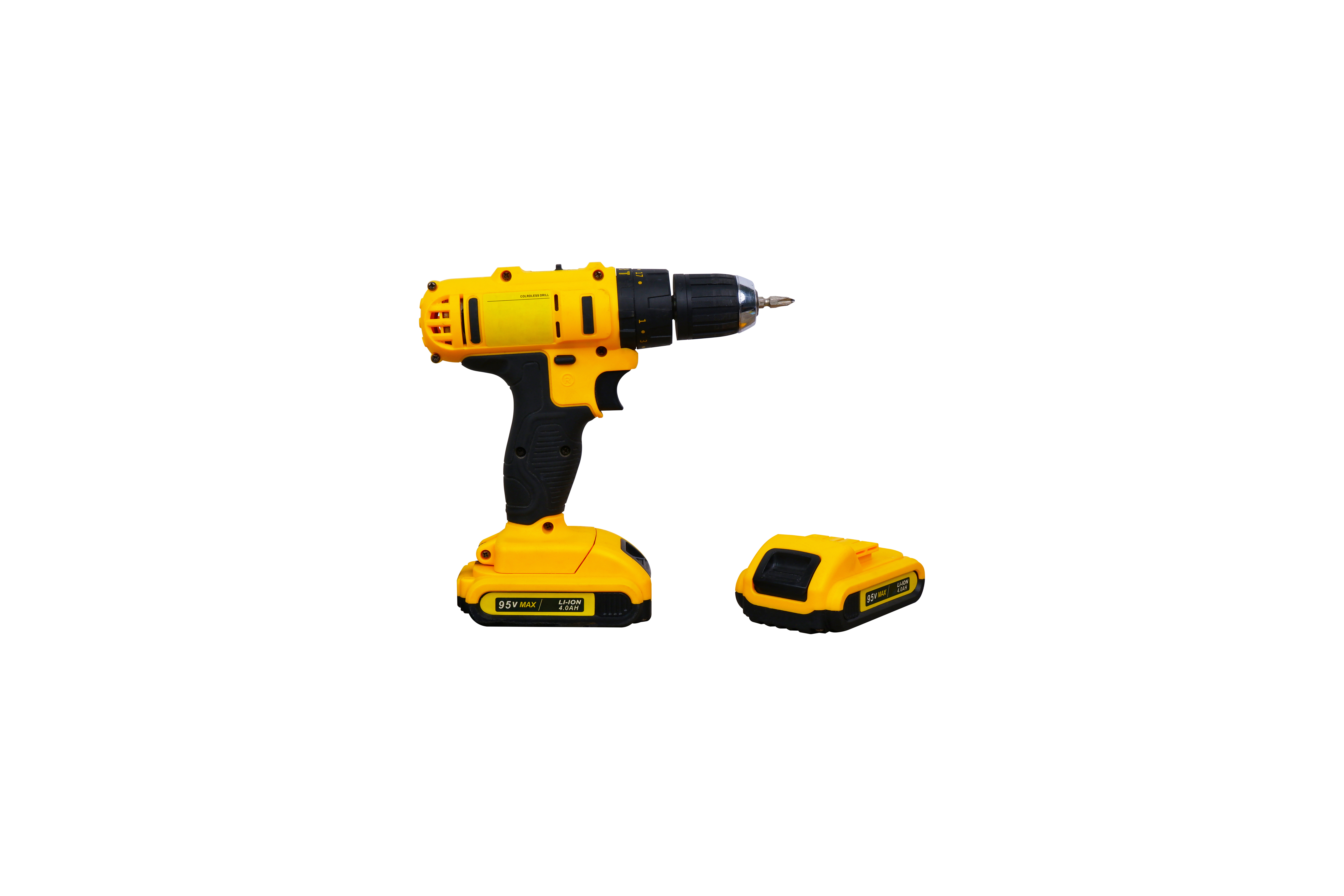 A generic yellow cordless drill driver with a spare battery on a white background