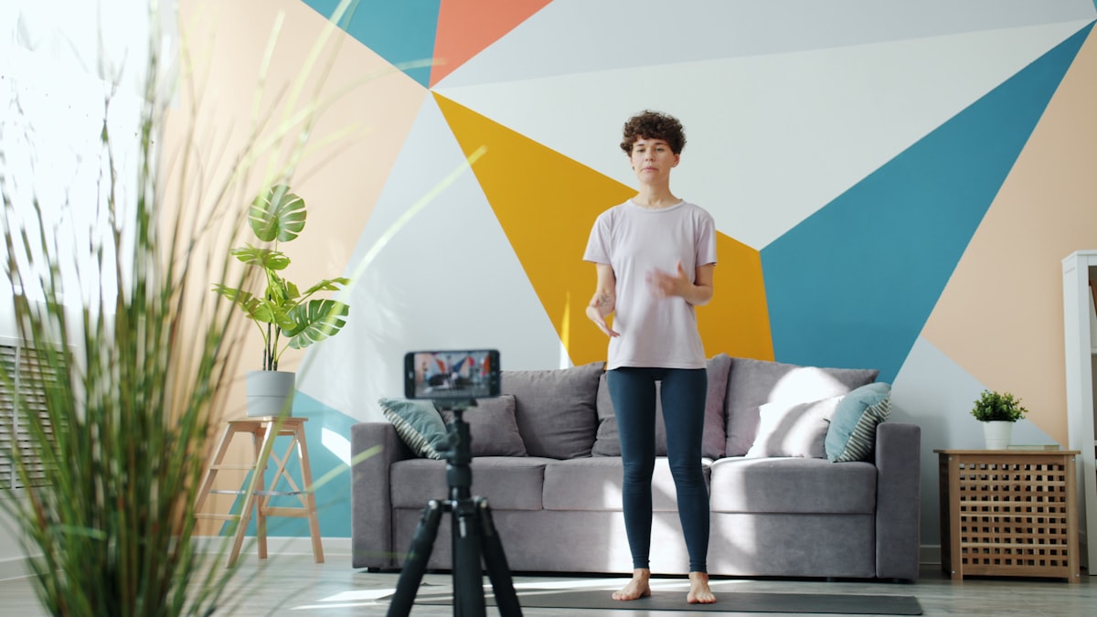 A home workout in a small living-room space
