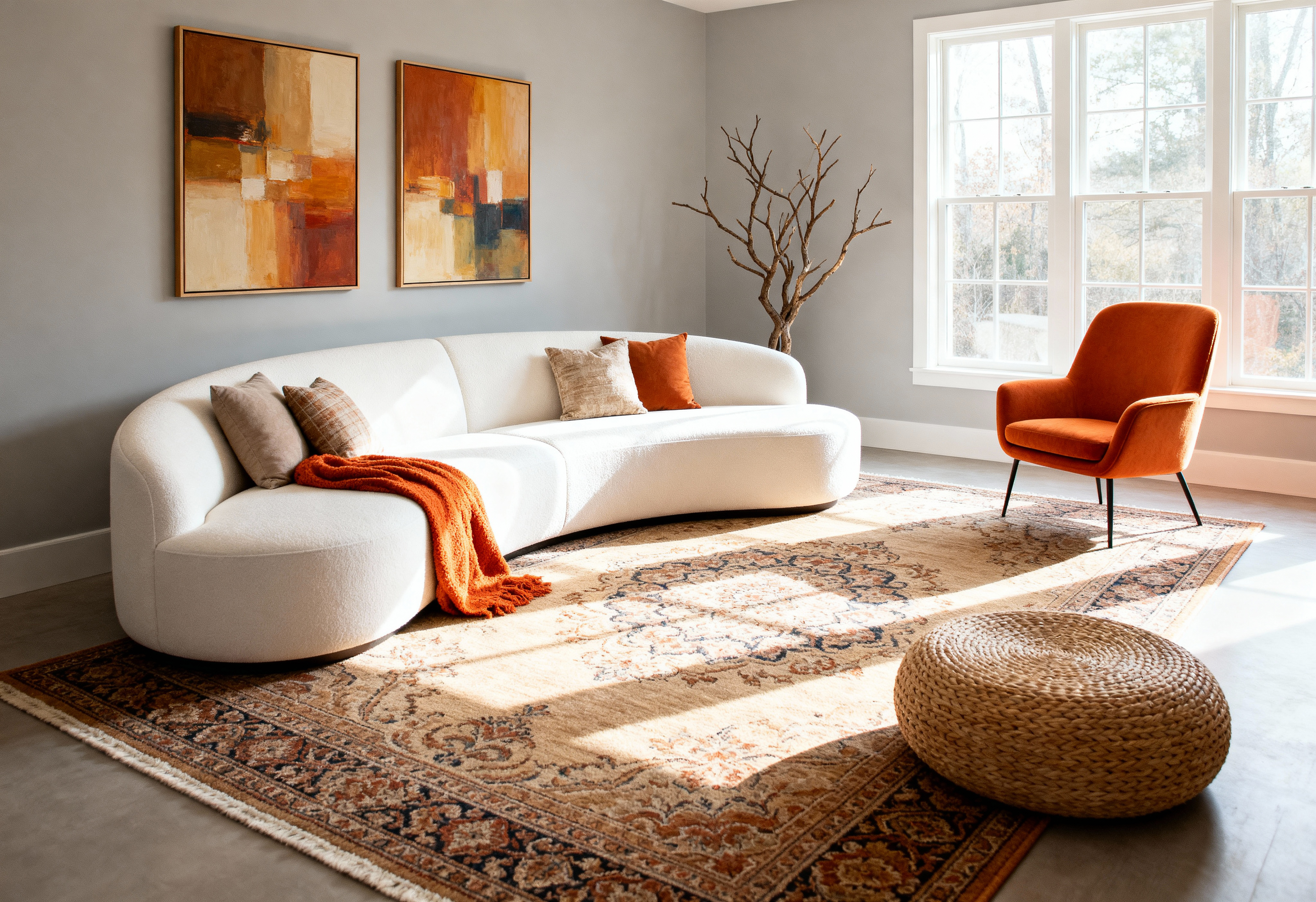 A large patterned area rug anchoring a living room with a curved sofa and accent chair