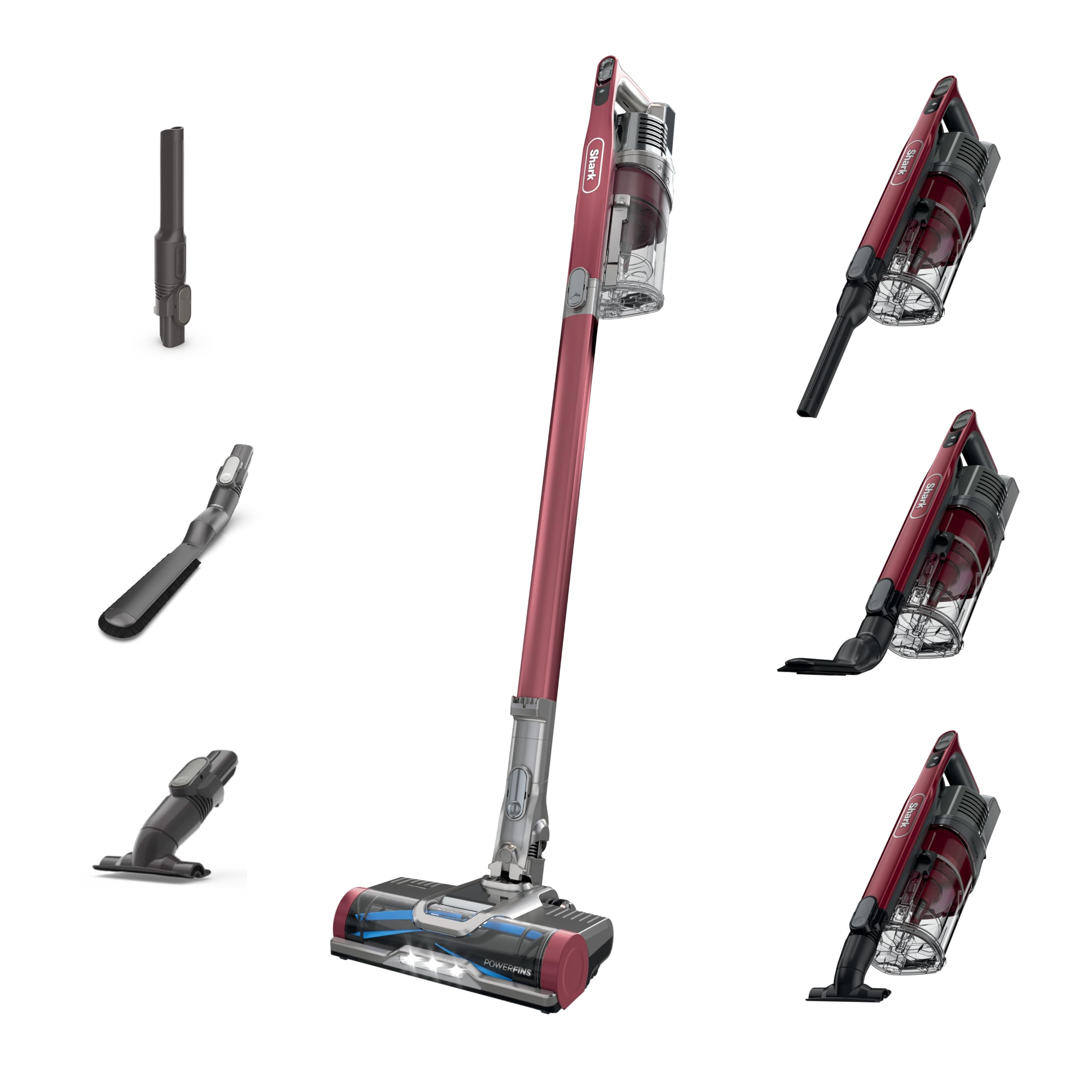 A lightweight red cordless stick vacuum with a HEPA filter and detachable handheld unit