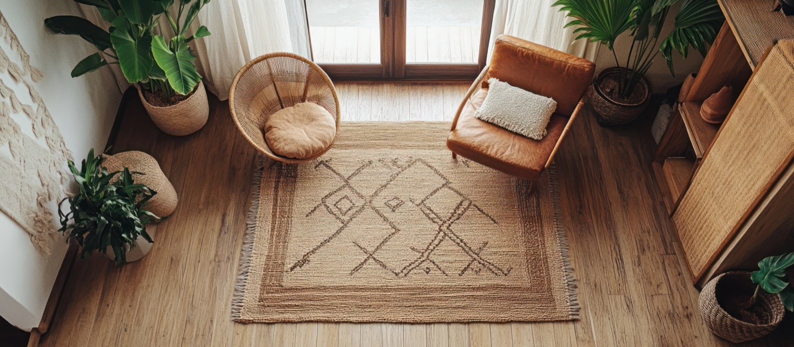 A patterned area rug anchoring a cozy living-room corner with a wicker chair