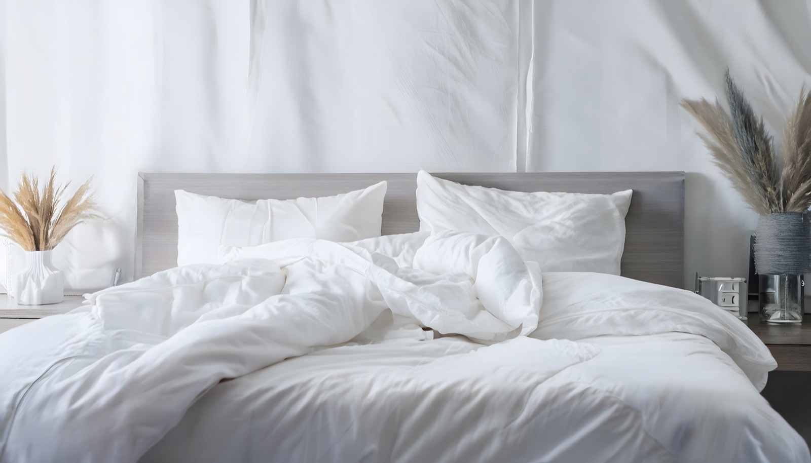 A white cooling comforter and pillows styled on a bed