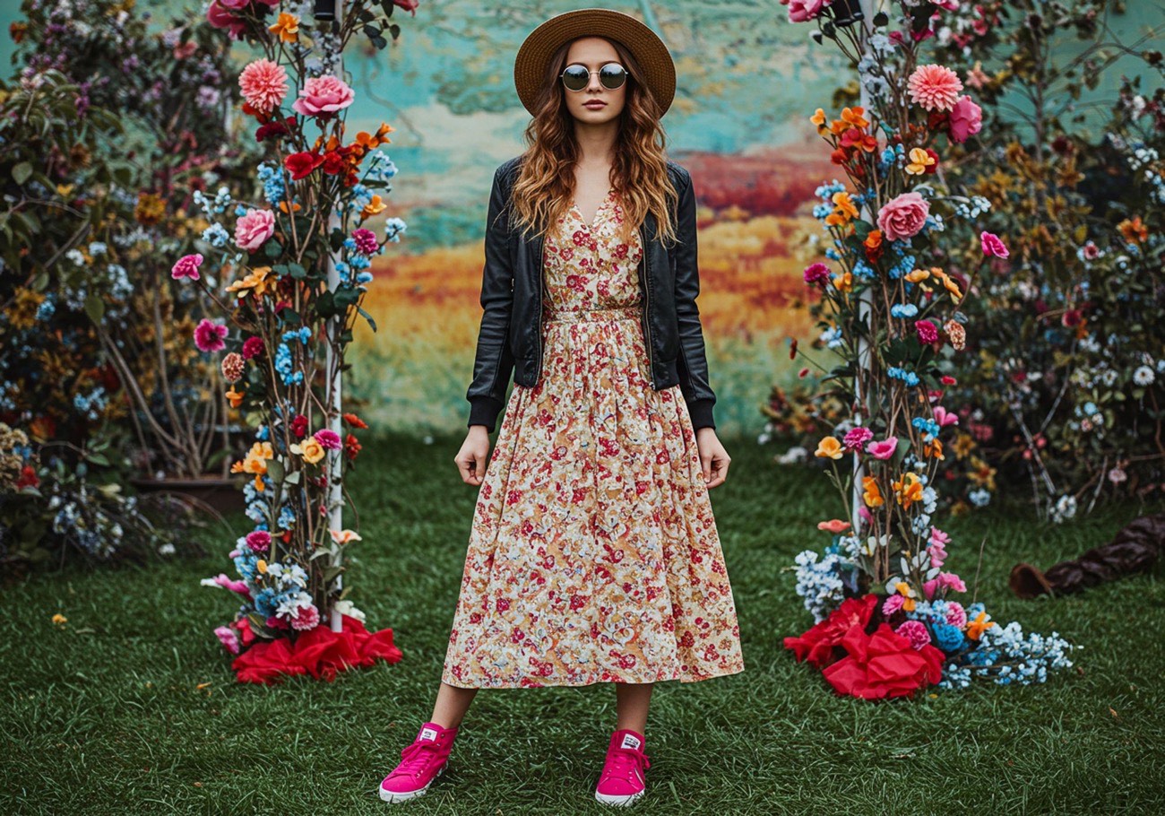 A woman wearing a floral maxi dress styled with simple accessories so the print leads