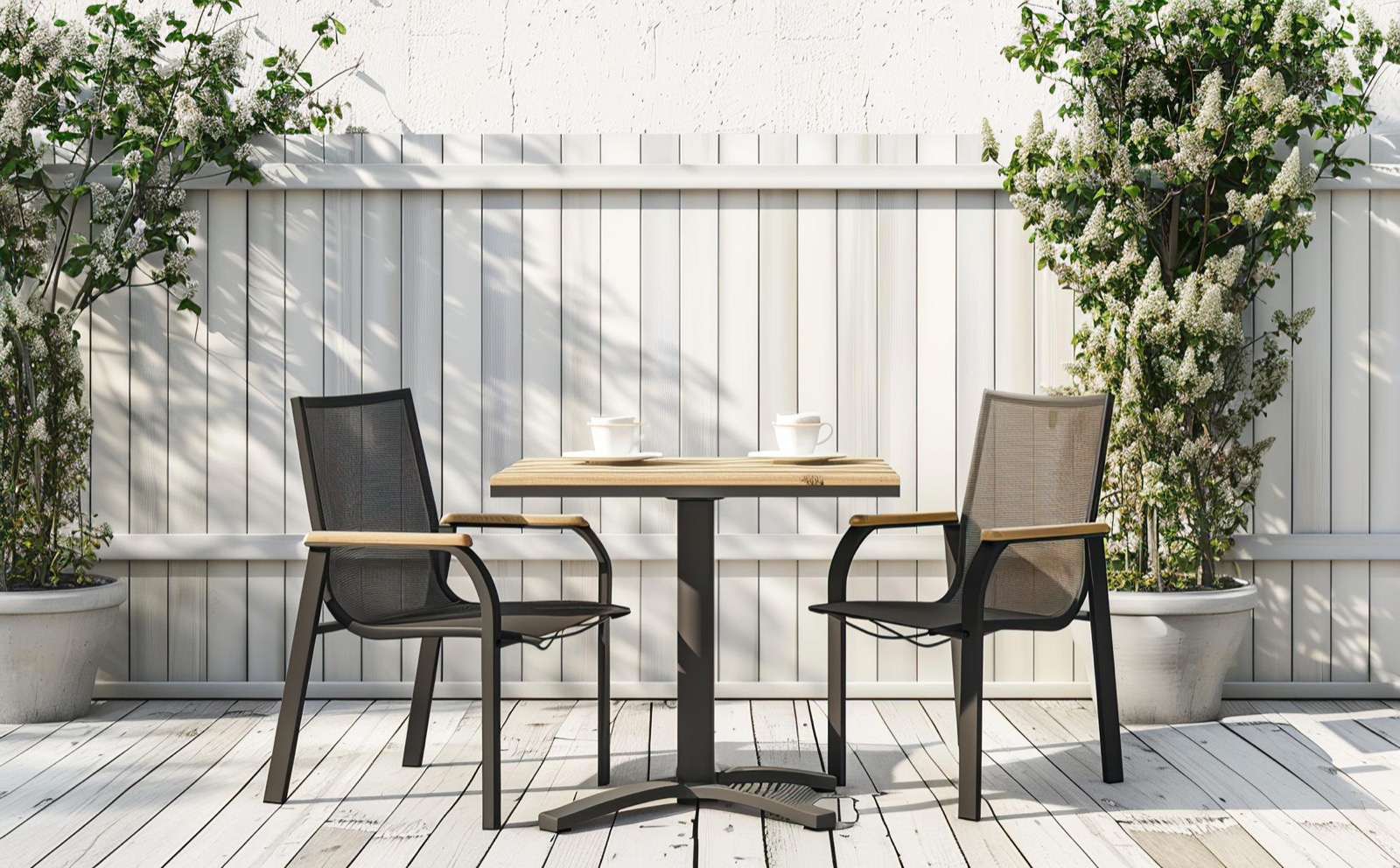 An outdoor dining table with two chairs on a patio, showing the clearance space around the furniture