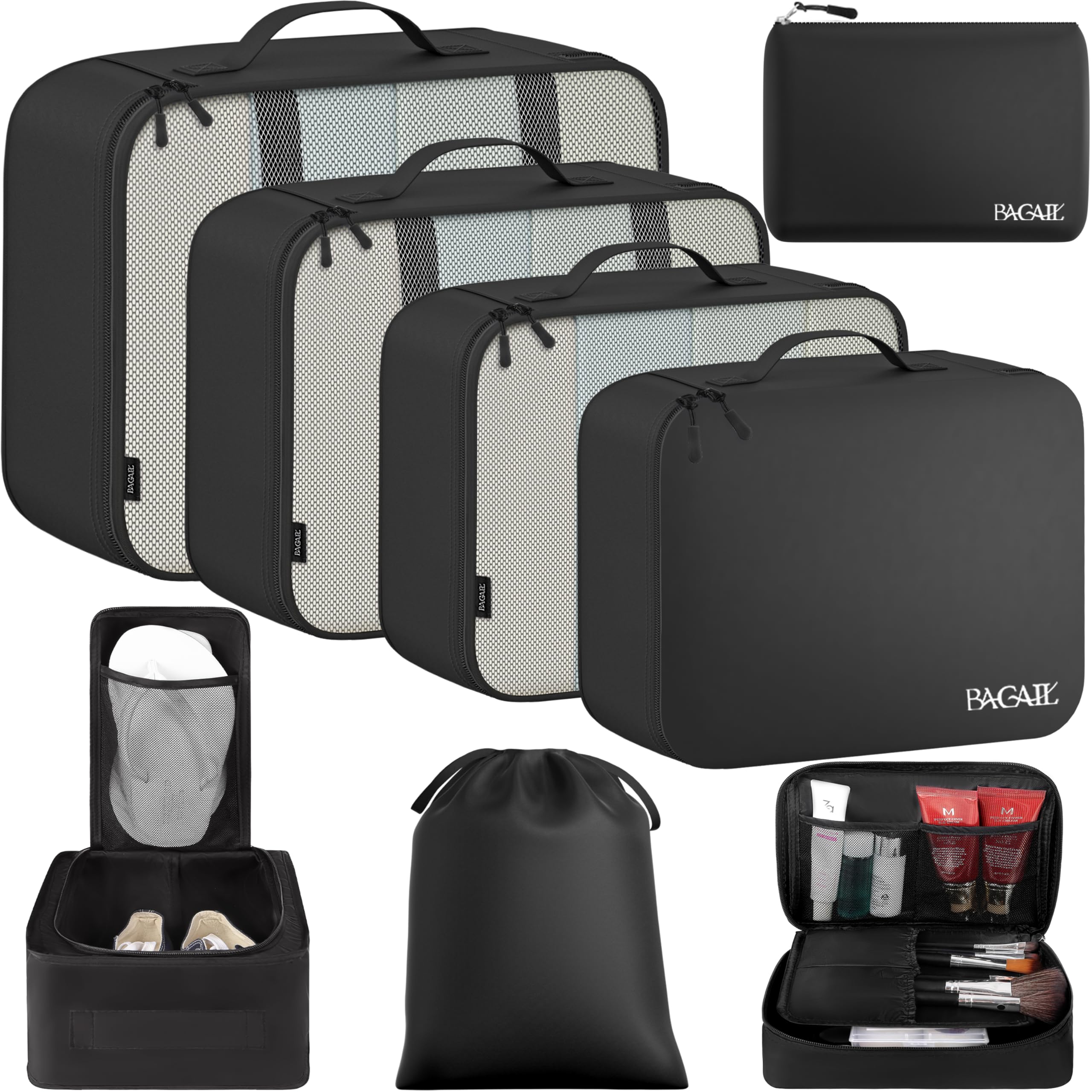 BAGAIL 8-Set Travel Packing Cubes laid out in jet black with graduated cubes and bonus bags