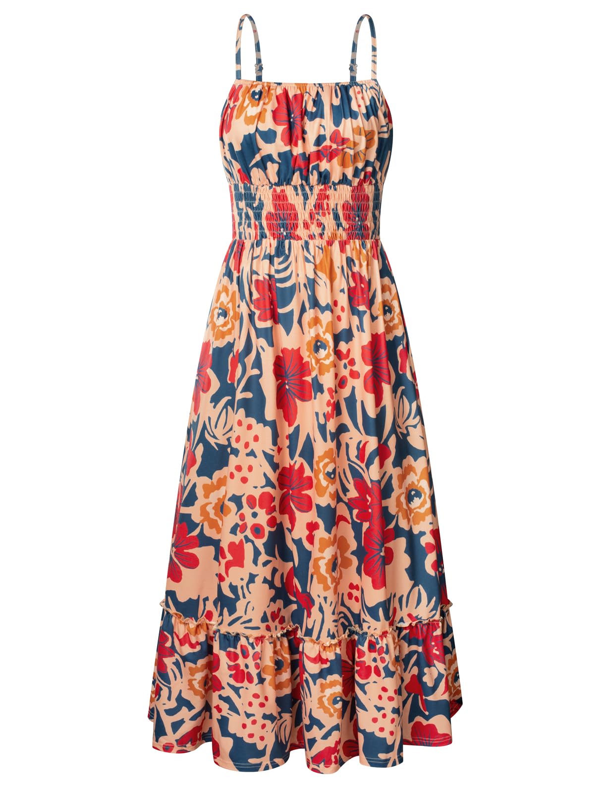 Boho smocked floral maxi sundress with a flowing skirt