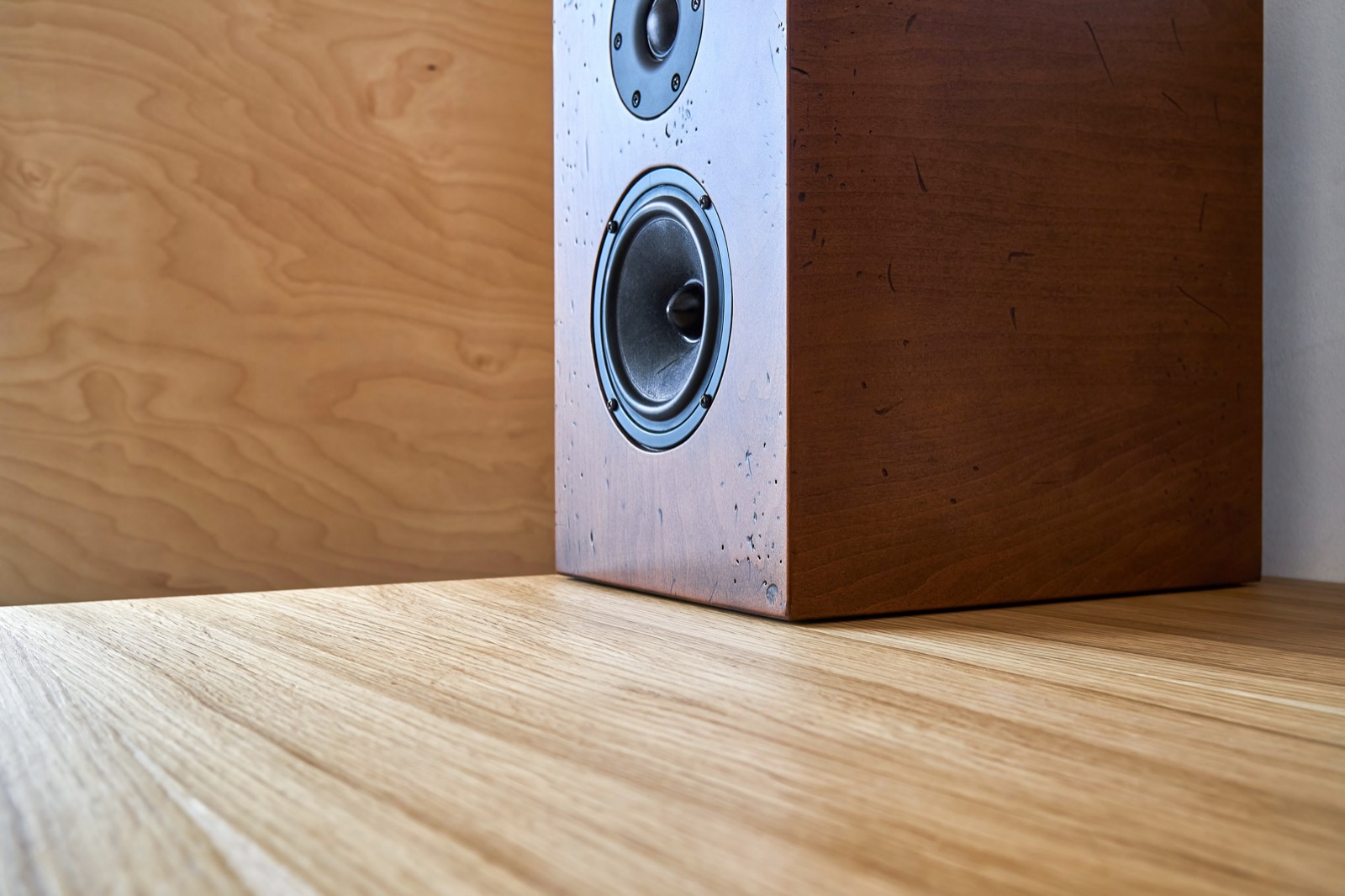 Close-up of a bookshelf speaker showing its woofer and tweeter driver array