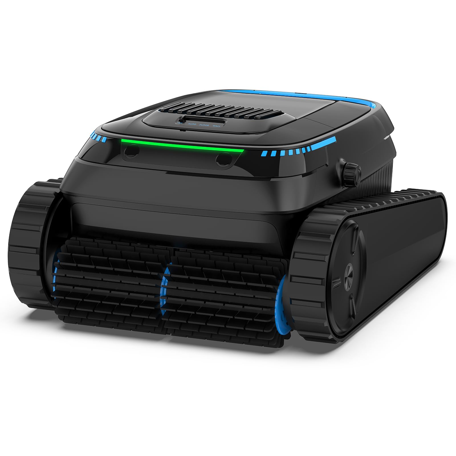 Cordless robotic pool vacuum with tank treads designed for inground and above-ground pools