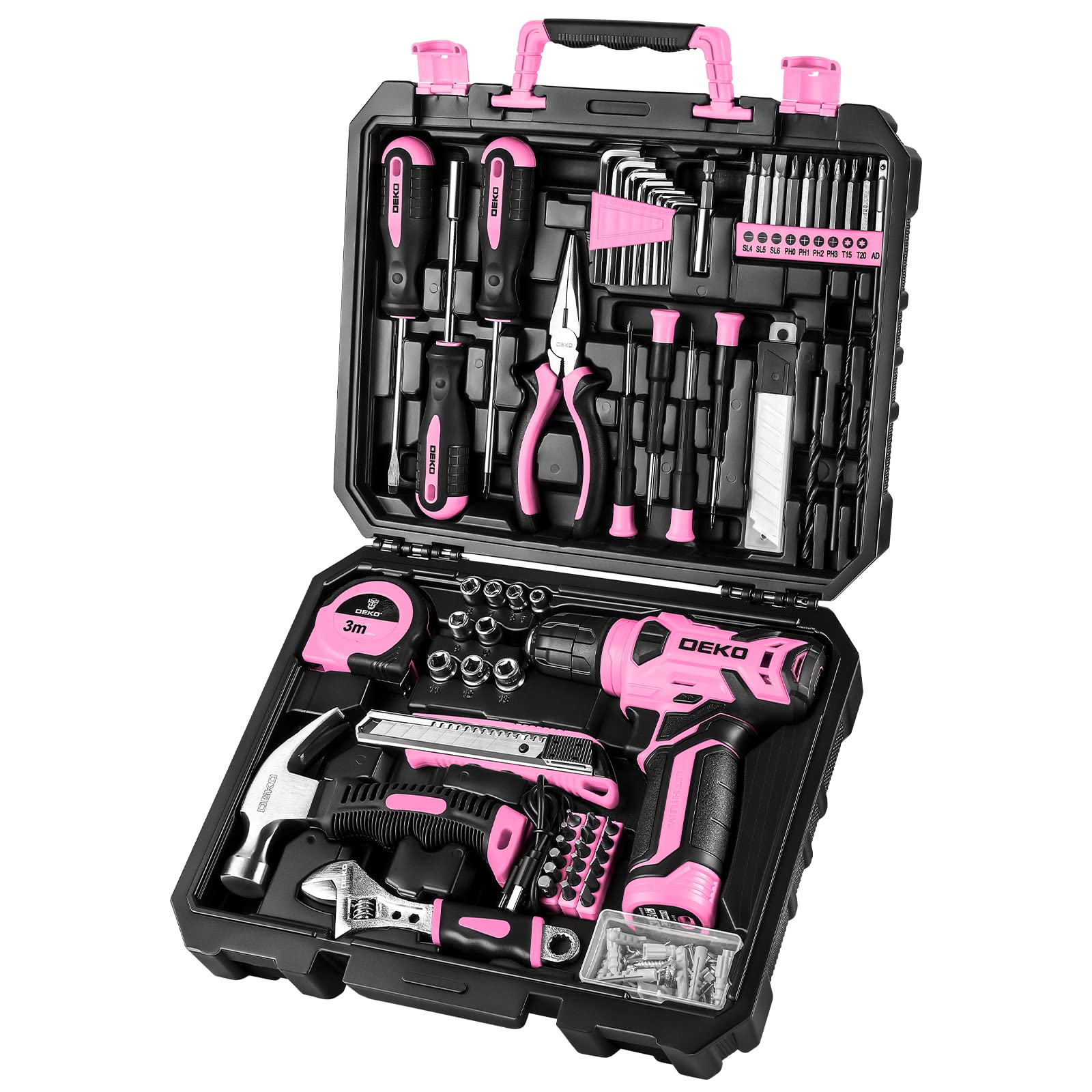 DEKOPRO Drill Set, Home Tool Set with 8V Pink Cordless Drill