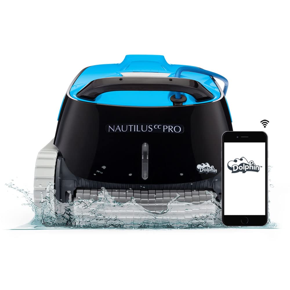 Dolphin Nautilus CC Pro robotic pool cleaner front view with MyDolphin Plus app