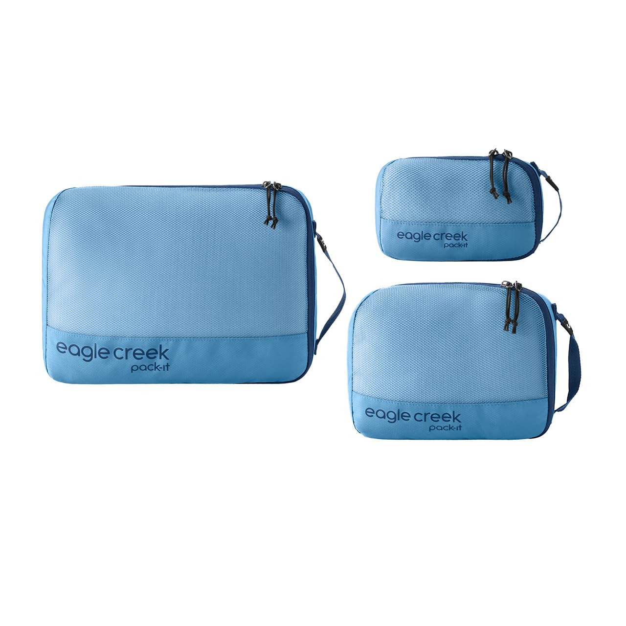 Eagle Creek Pack-It Reveal three-cube set in blue with mesh top windows and grab handles
