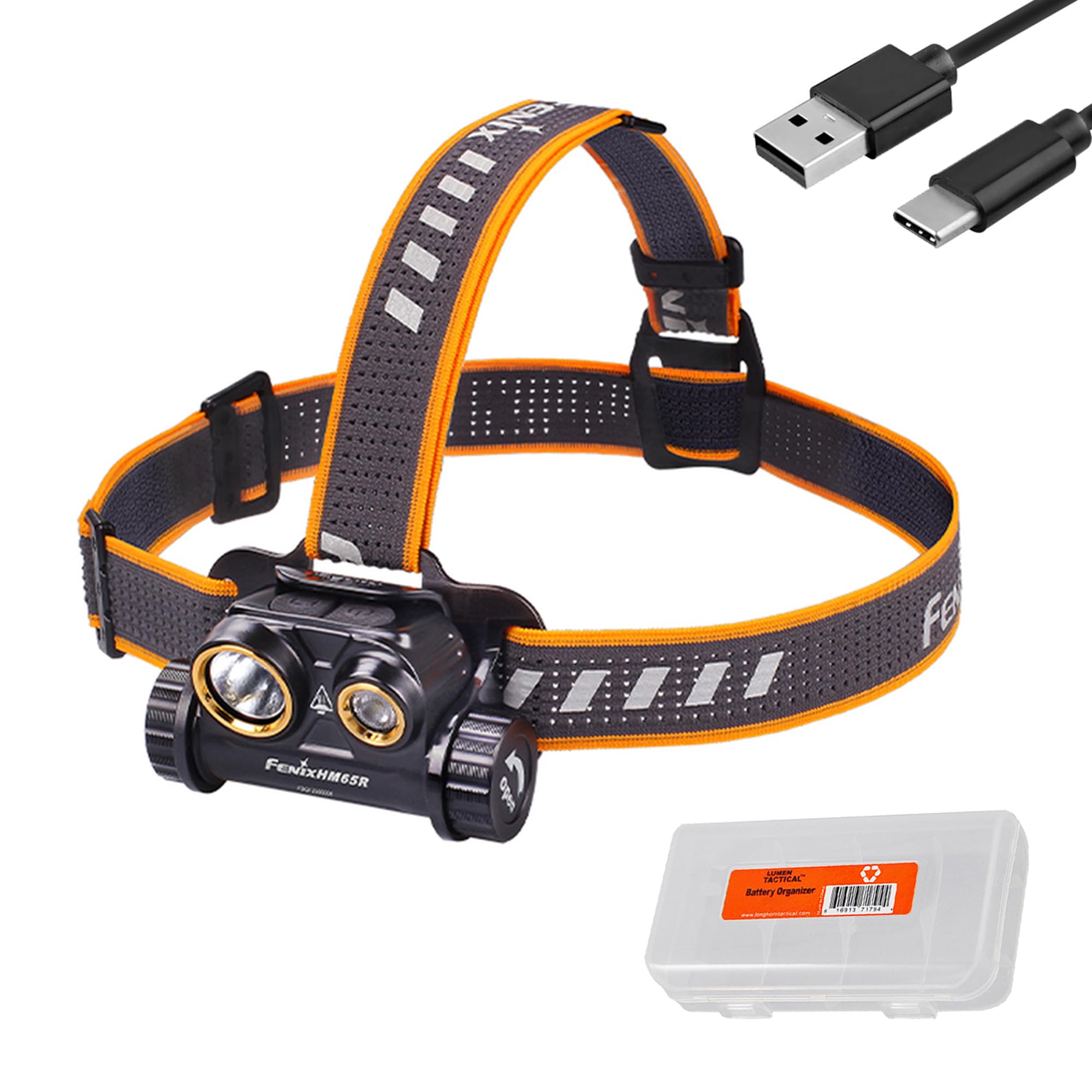 Fenix HM65R rechargeable headlamp with dual spotlight and floodlight lenses