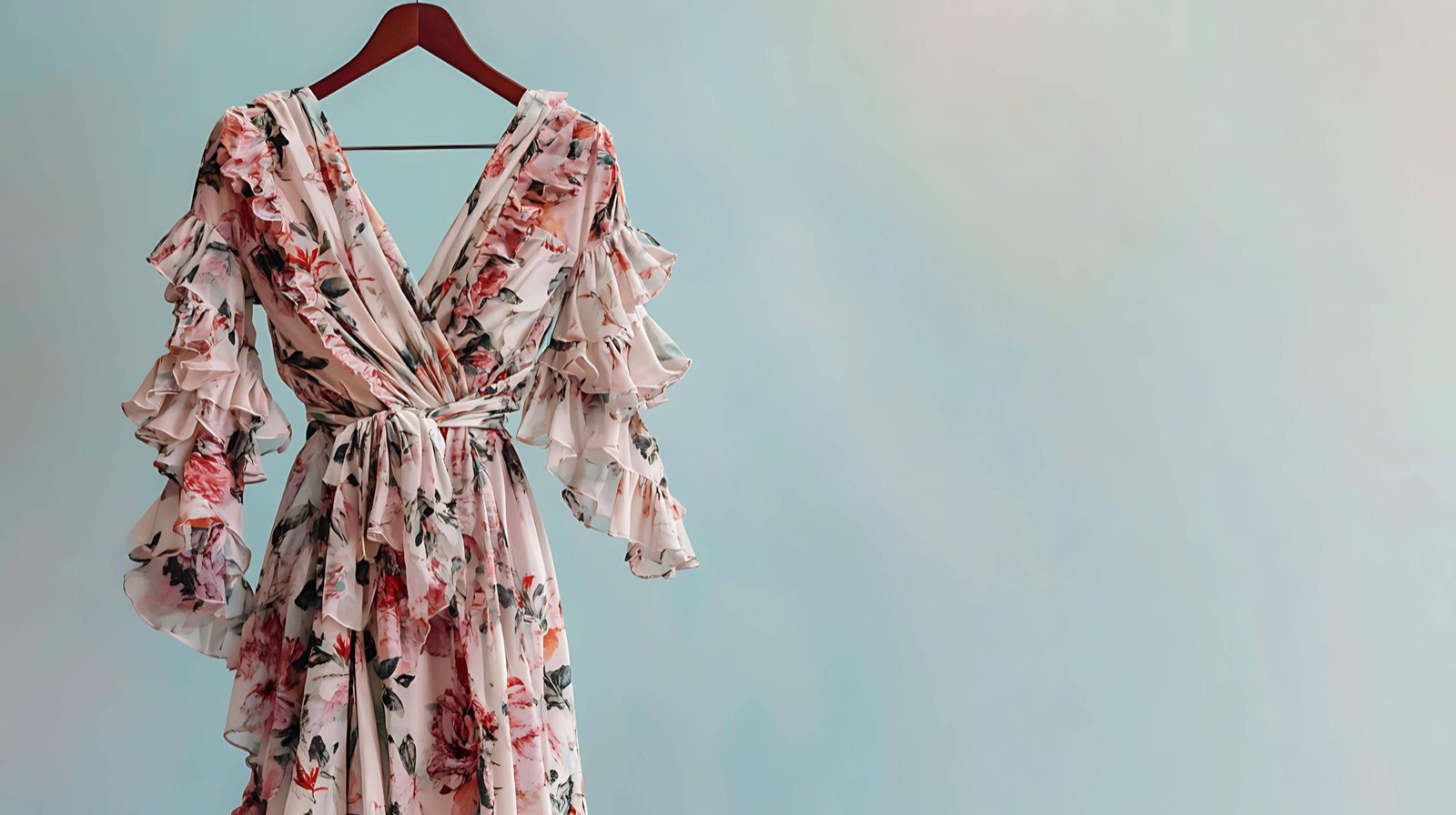 Floral print summer dress on a hanger, illustrating the soft drape of an unstructured maxi