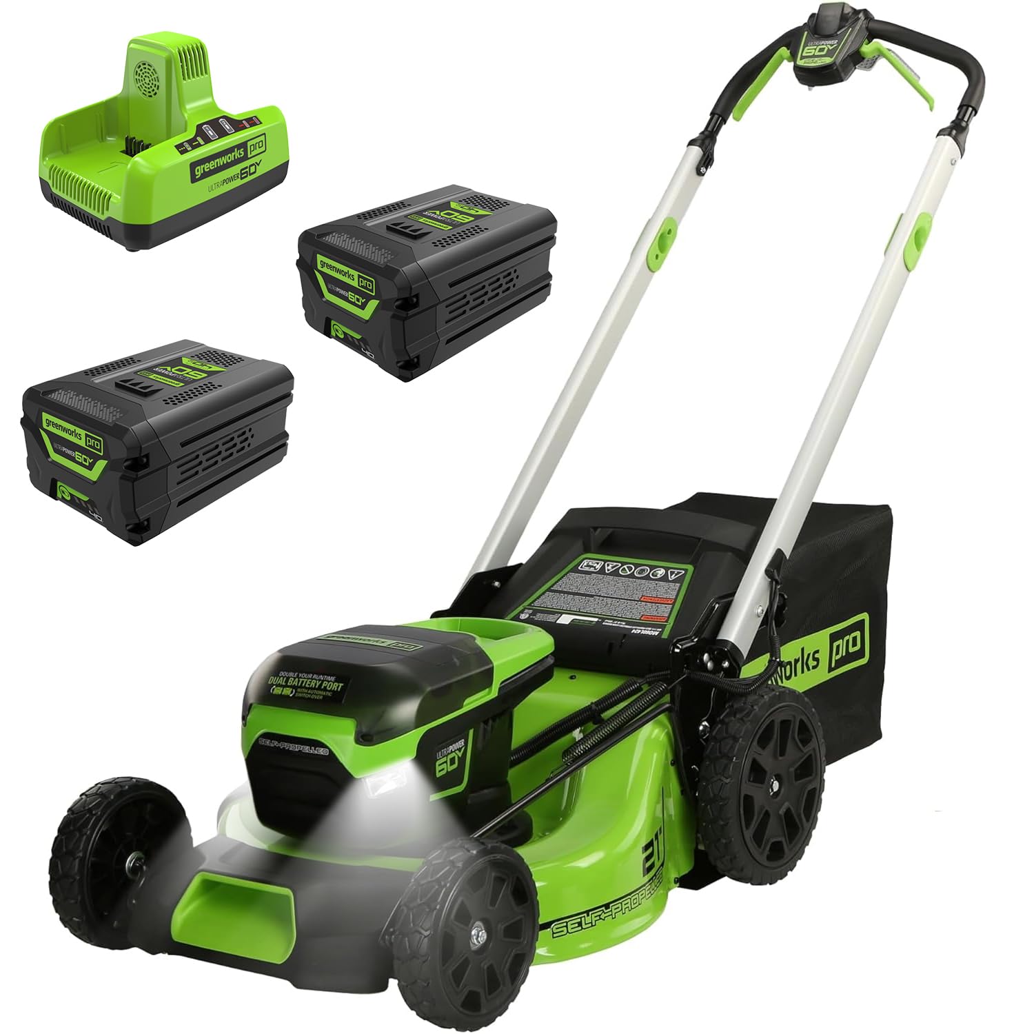 Greenworks 60V 21-inch self-propelled mower, the sibling model on the same battery platform