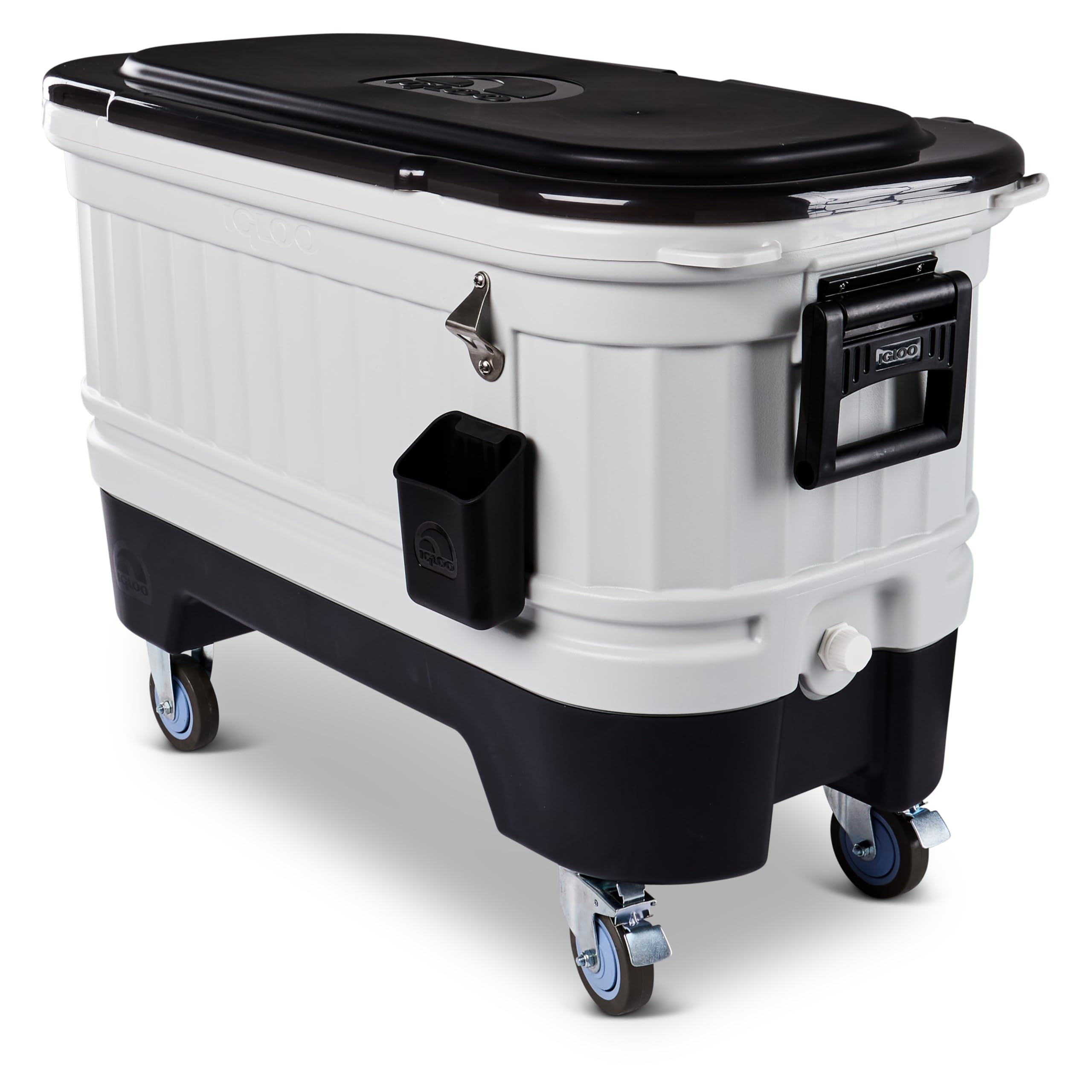 Igloo Party Bar wheeled hard cooler in gray with bottle opener and drain plug