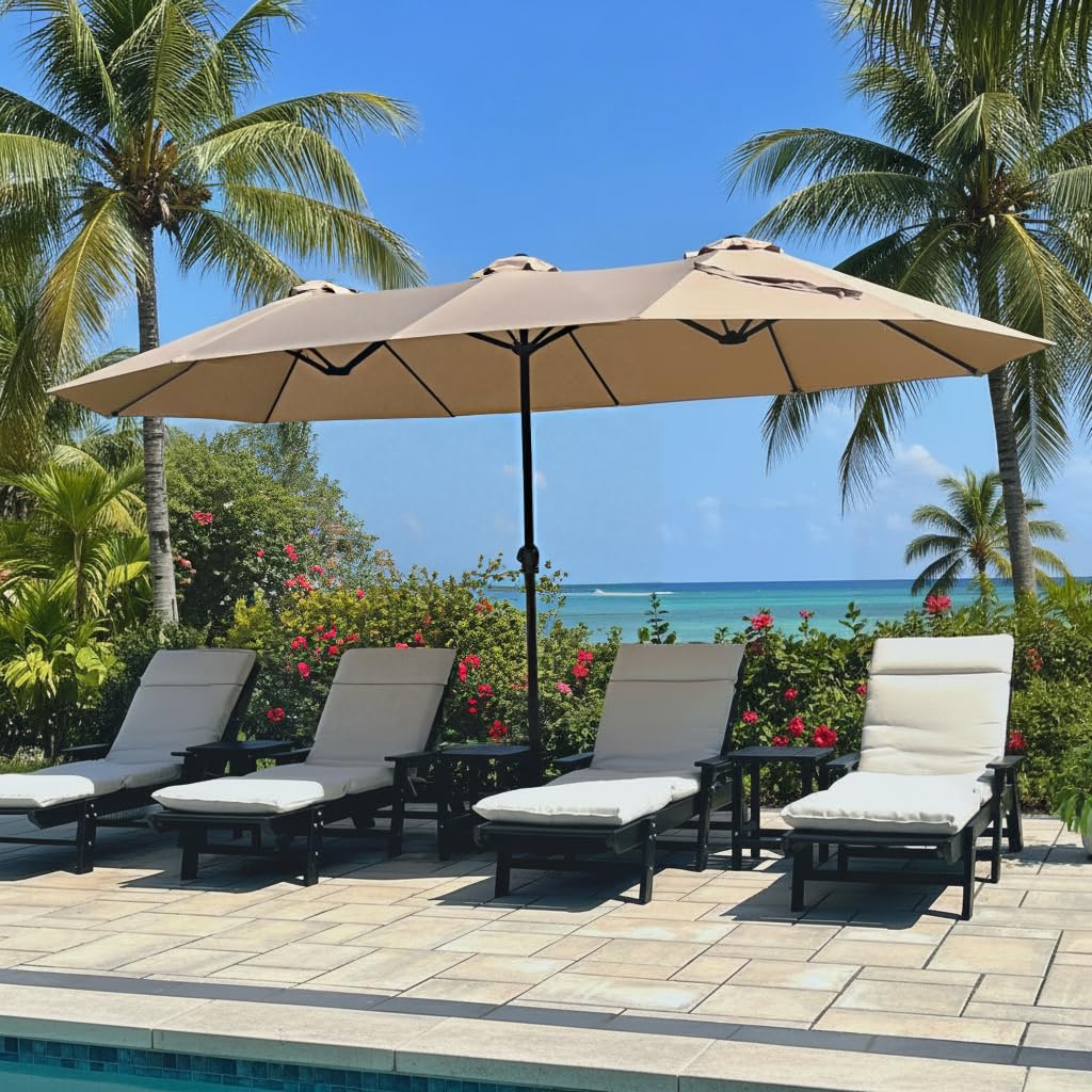 Large outdoor patio umbrella providing shade over a seating area