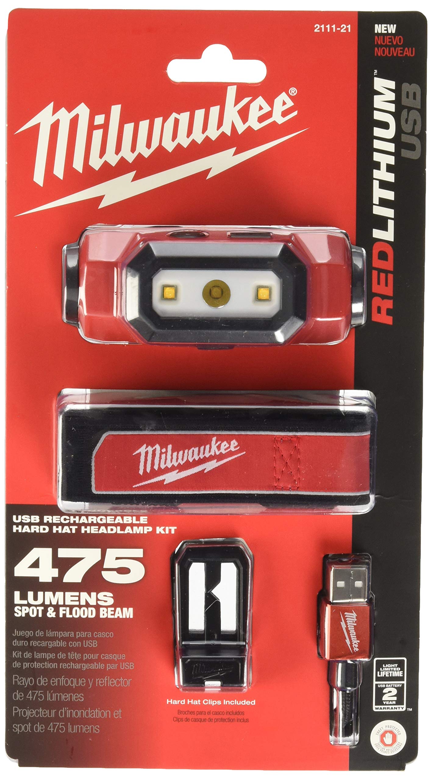 Milwaukee 2111-21 USB rechargeable hard hat headlamp kit with battery, strap, hard hat clips and USB charger