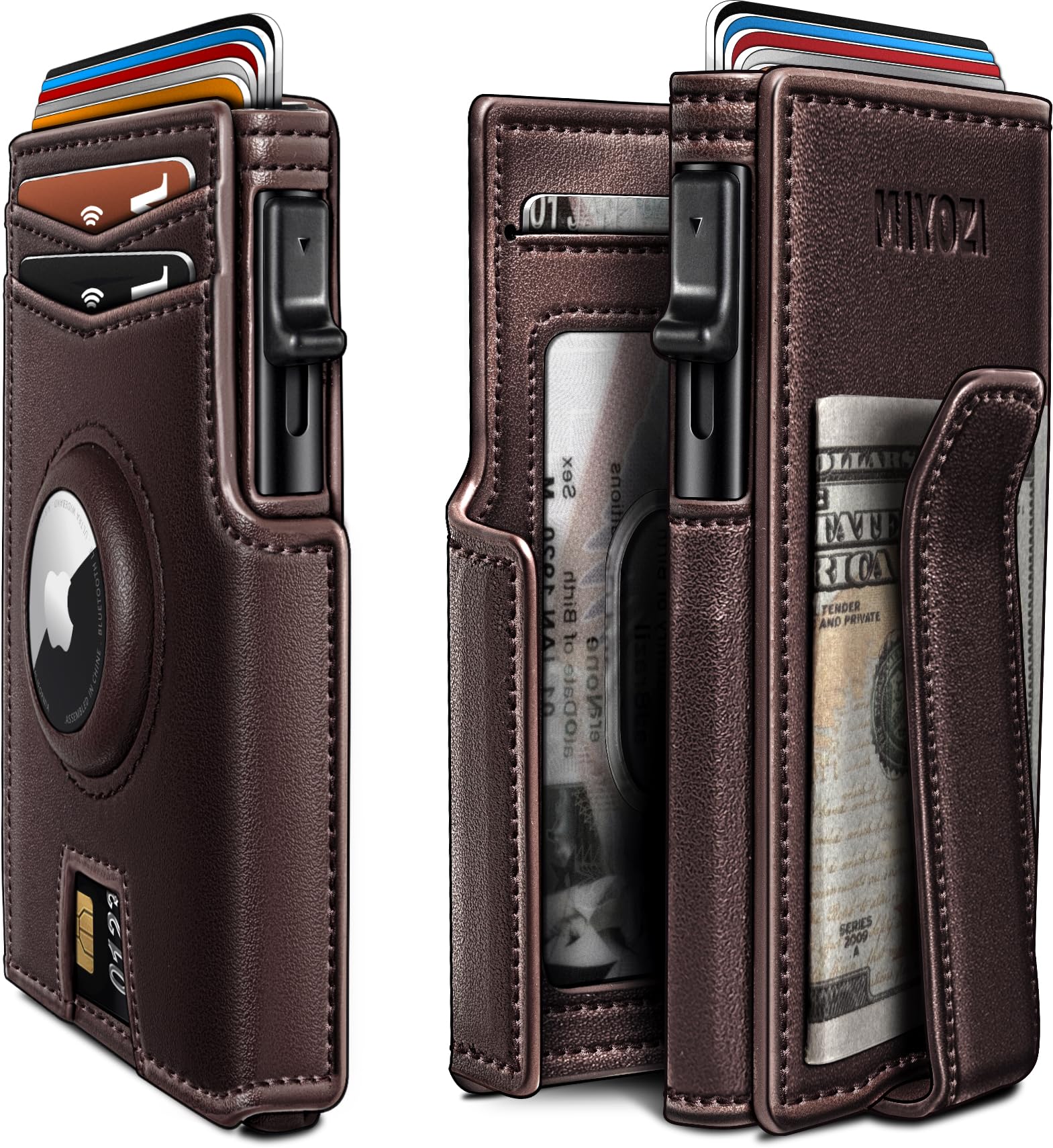 miyozi AirTag wallet with money clip and metal pop-up card case