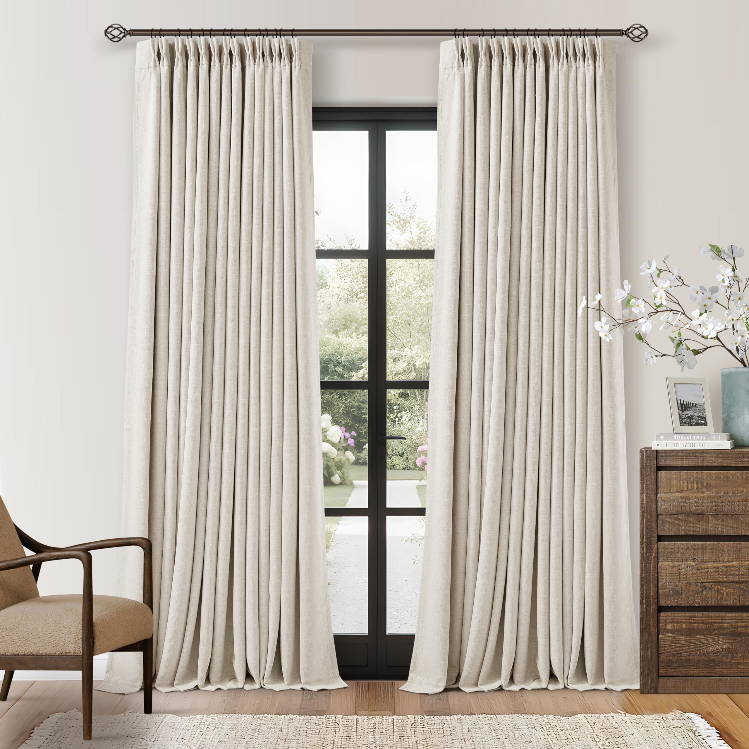 Pinch pleat flax burlap blackout curtains hung on a high living room window