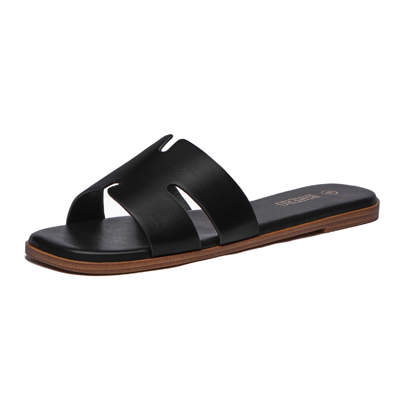 Rihero women's dressy flat slide sandal in a square peep-toe profile