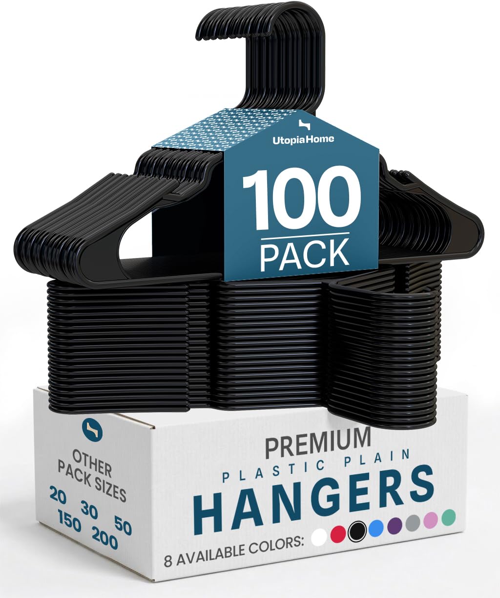 Utopia Home black plastic hangers with shoulder grooves and notched design