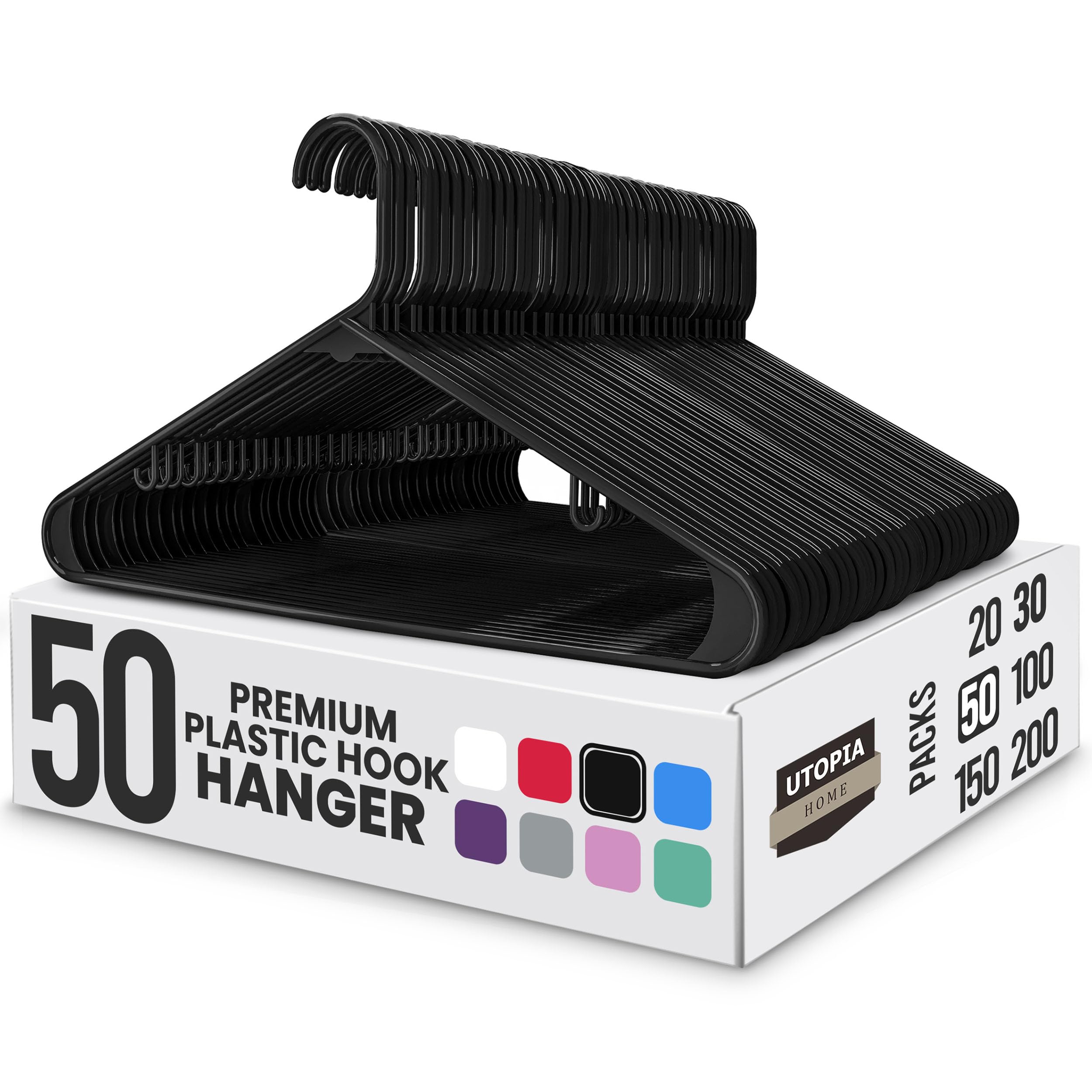 Utopia Home black plastic hangers 50 pack with notched shoulders and built-in strap hooks